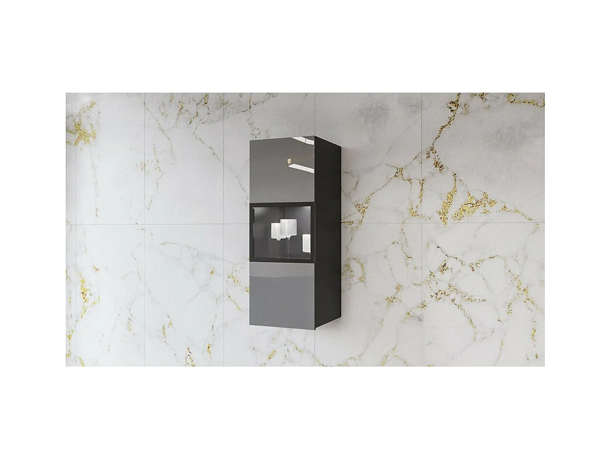 Zwevende vitrinekast, 1 glazen deur met geïntegreerde LED uit de ZANTE collectie. Kleur: zwart en glanzend grijs.