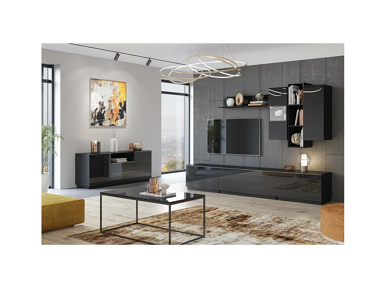 Hangende vitrinekast 1 deur collectie ZANTE. Kleur glanzend zwart met glitters.