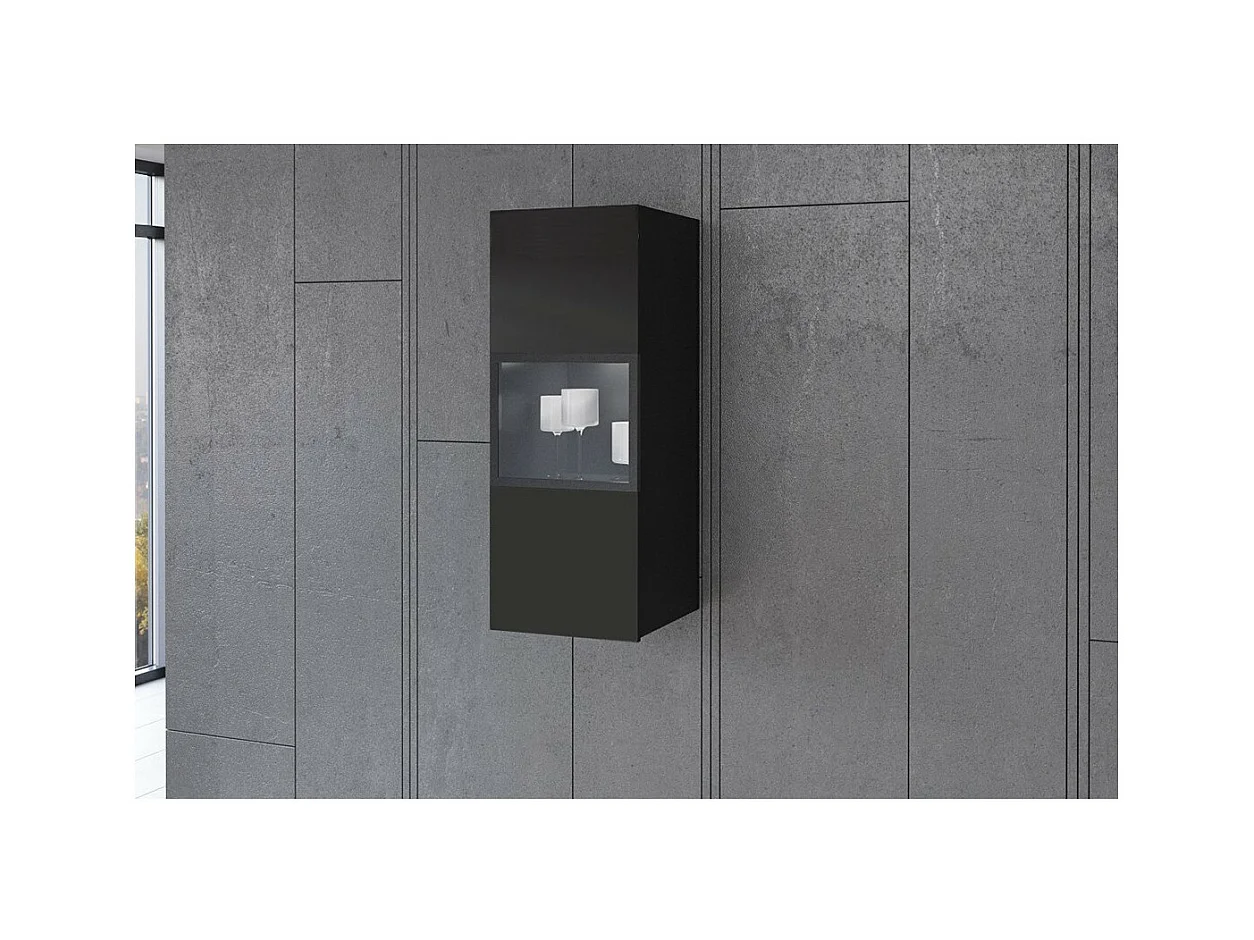Vitrine suspendue, 1 porte vitrée avec LED intégrée collection ZANTE. Coloris noir brillant pailleté.