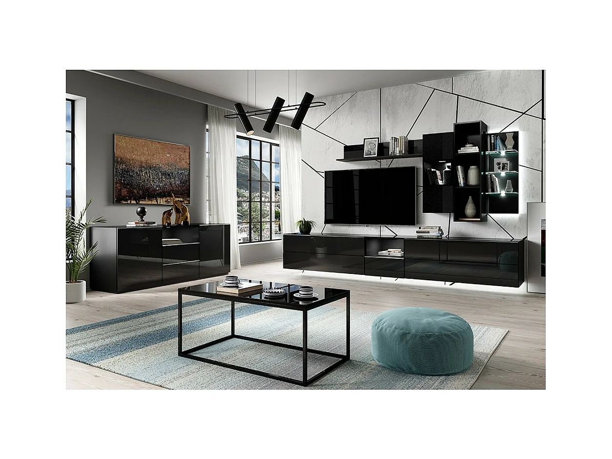 Vitrine suspendue, 1 porte vitrée avec LED intégrée collection ZANTE. Coloris noir brillant pailleté.