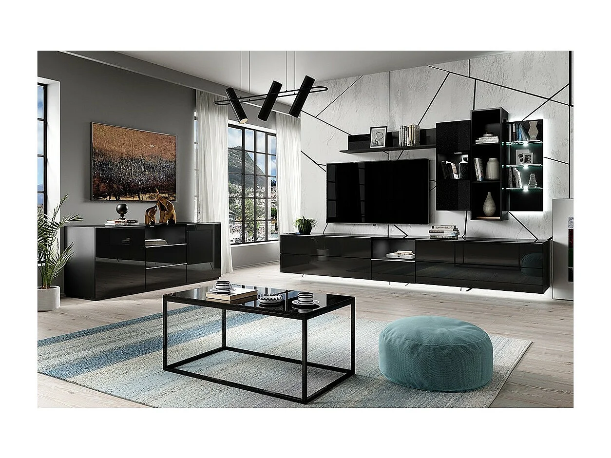 Vitrine suspendue, 1 porte vitrée avec LED intégrée collection ZANTE. Coloris noir brillant pailleté.