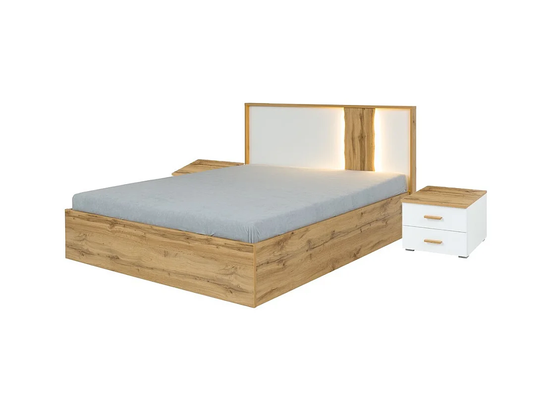 Pack lit 160x200 avec LED + 2 chevets WOOD coloris blanc et chêne
