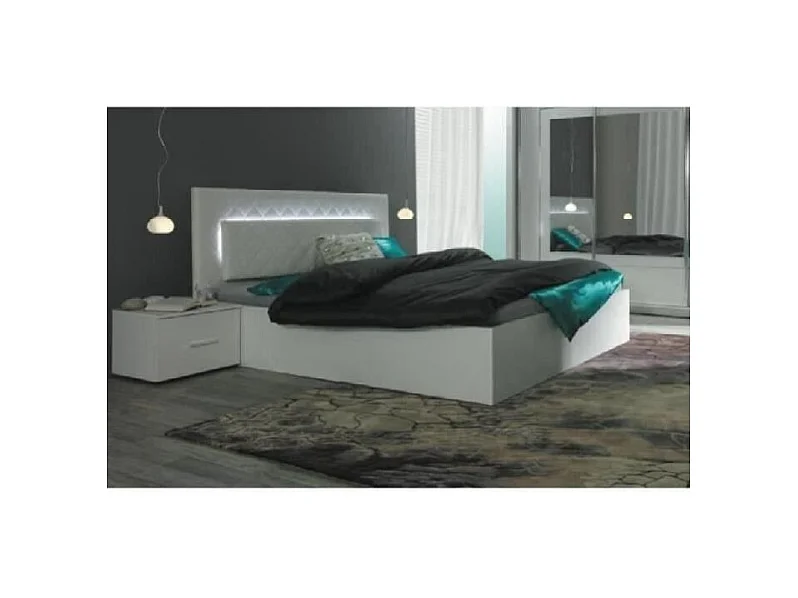 Designerbett 160 x 200 mit LED + 2 Nachttische PANAREA in Weiß.