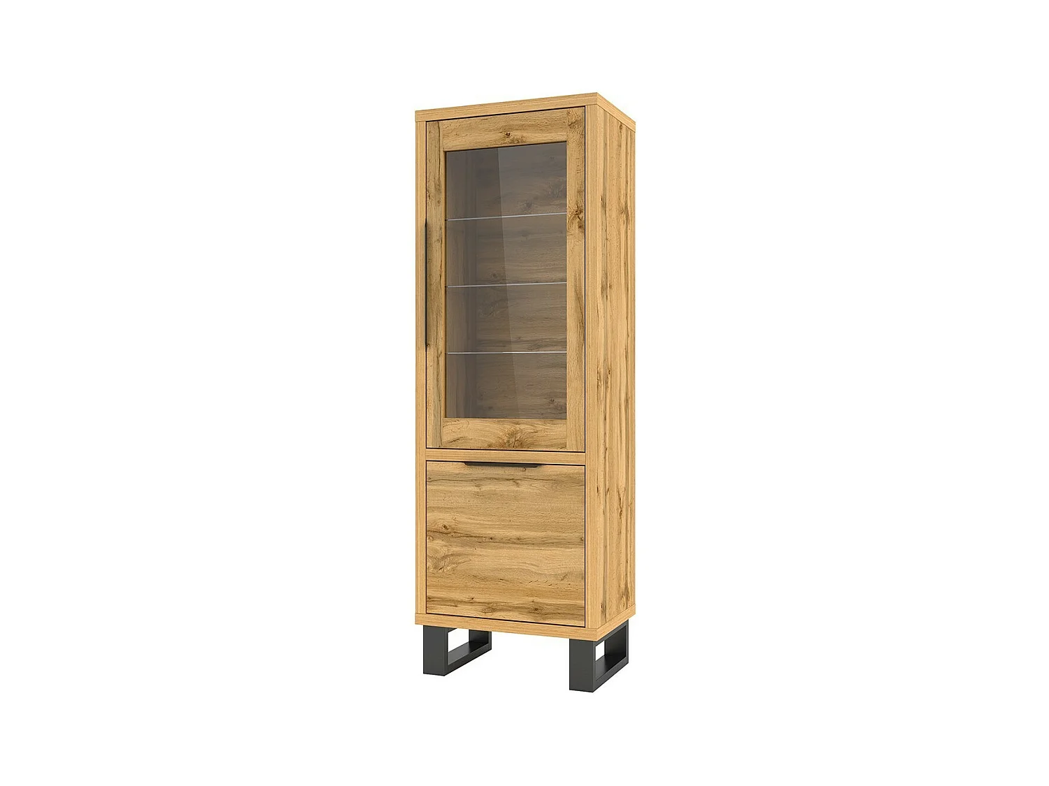 Vitrine coloris chêne collection MILO. Finition noires. Meuble idéal pour votre salle à manger.