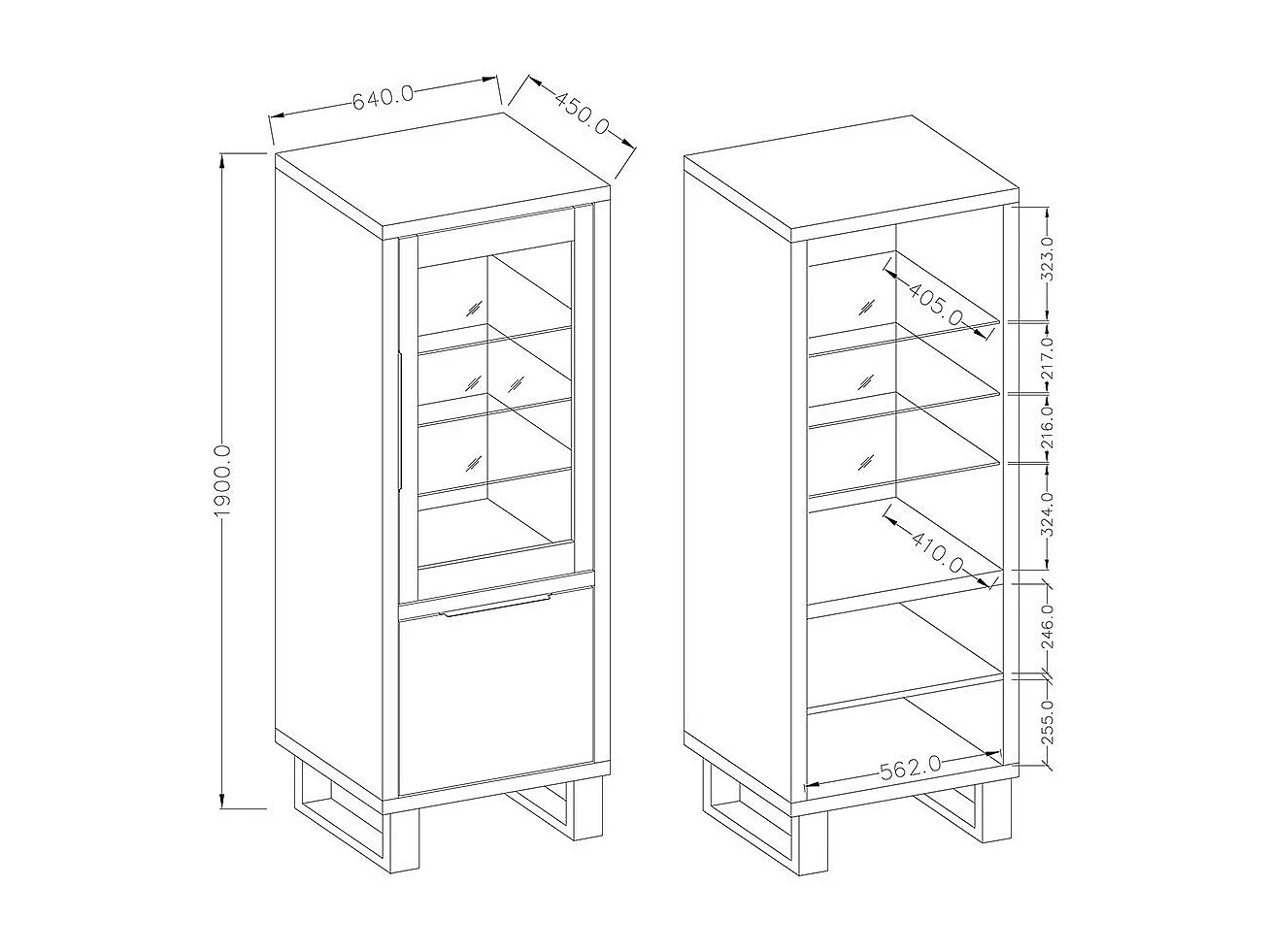 Vetrina color rovere collezione MILO. Finiture nere. Mobile ideale per la tua sala da pranzo.
