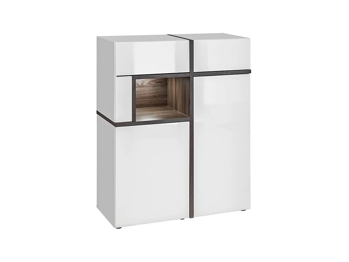 Vitrine basse CRISS – 2 portes, 2 tiroirs, niche LED – Blanc brillant et marron