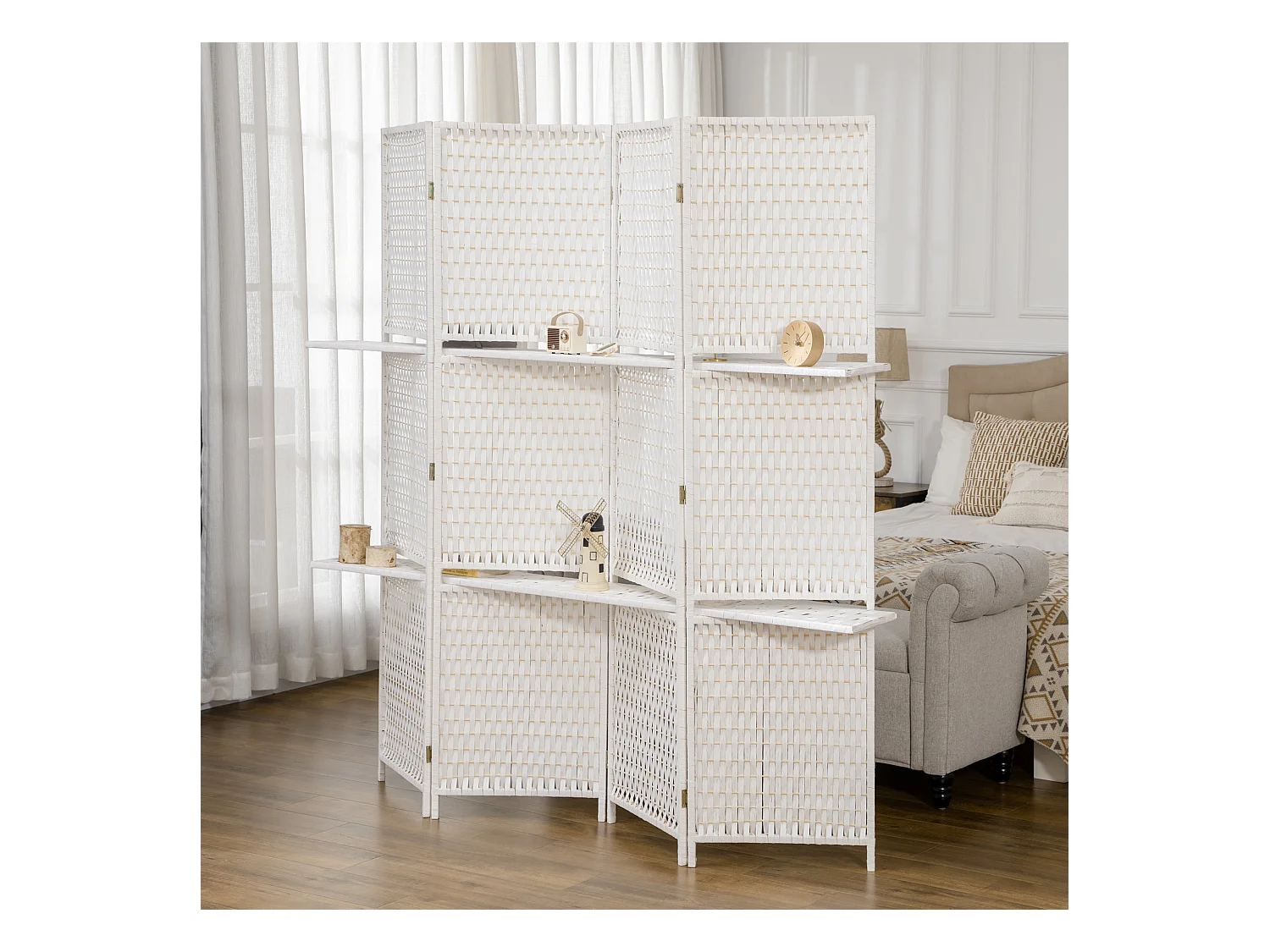 Paravent intérieur 4 panneaux 2 étagères pliables séparateur de pièce bois de pin bambou fibres de papier tressée blanc paille
