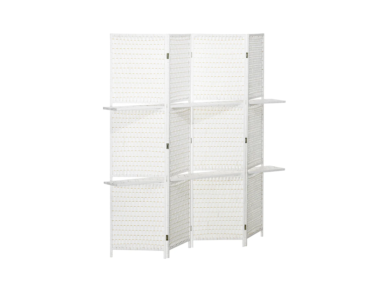 Paravent intérieur 4 panneaux 2 étagères pliables séparateur de pièce bois de pin bambou fibres de papier tressée blanc paille
