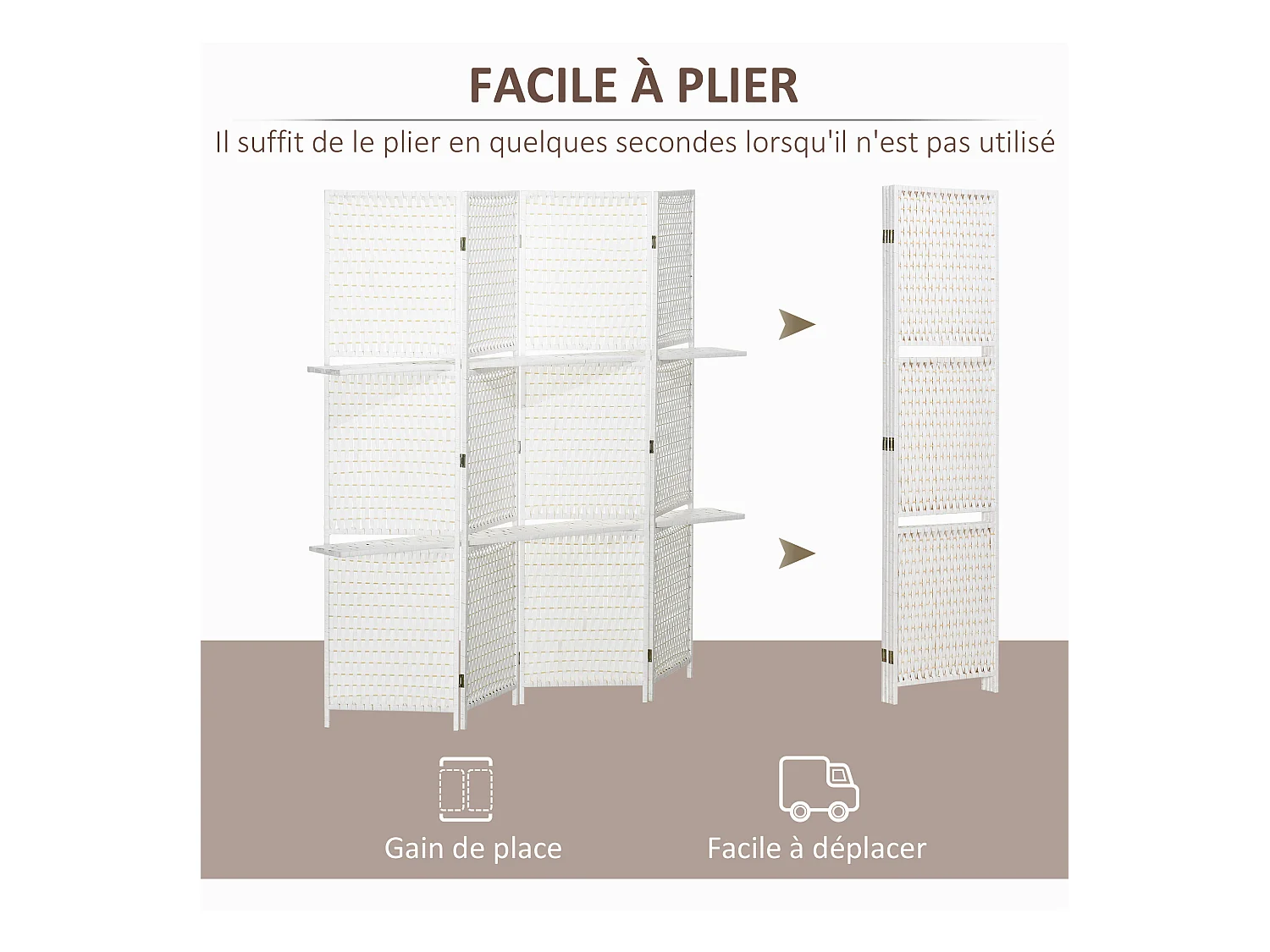 Paravent intérieur 4 panneaux 2 étagères pliables séparateur de pièce bois de pin bambou fibres de papier tressée blanc paille