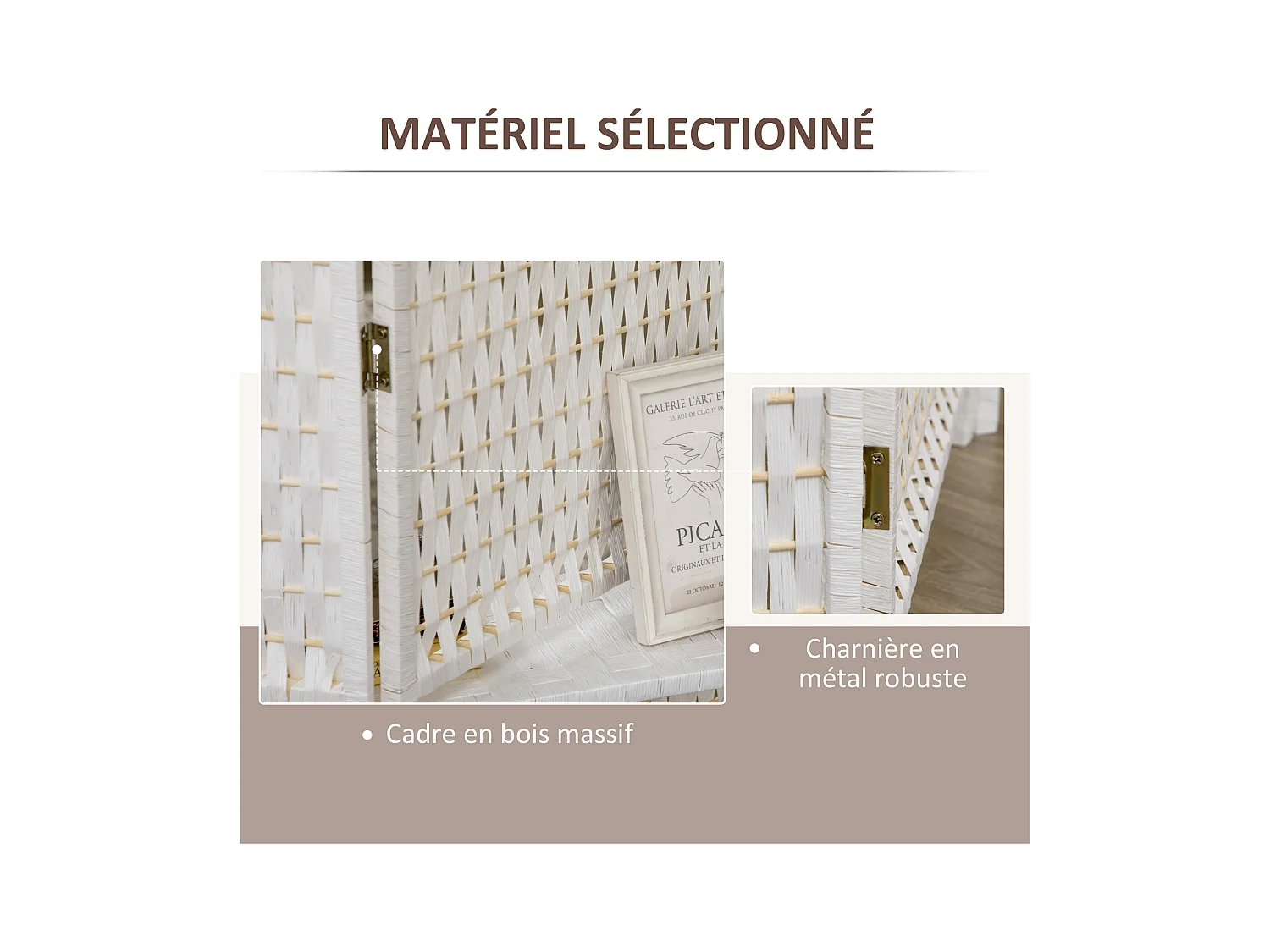 Paravent intérieur 4 panneaux 2 étagères pliables séparateur de pièce bois de pin bambou fibres de papier tressée blanc paille