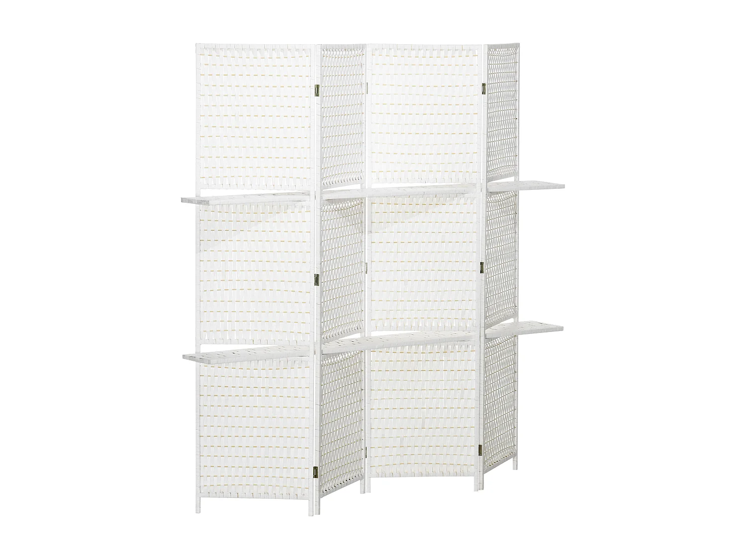 Paravent intérieur 4 panneaux 2 étagères pliables séparateur de pièce bois de pin bambou fibres de papier tressée blanc paille