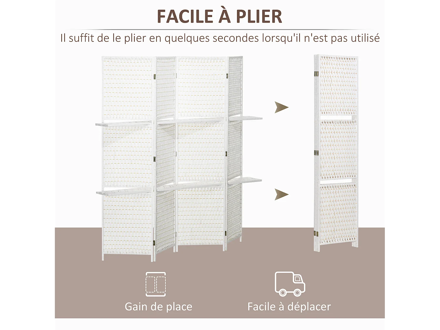 Paravent intérieur 4 panneaux 2 étagères pliables séparateur de pièce bois de pin bambou fibres de papier tressée blanc paille