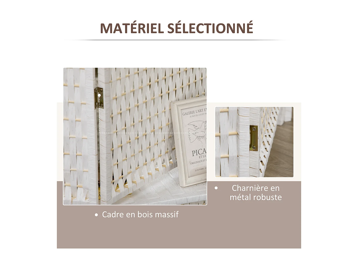 Paravent intérieur 4 panneaux 2 étagères pliables séparateur de pièce bois de pin bambou fibres de papier tressée blanc paille