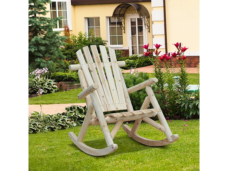Fauteuil de jardin Adirondack à bascule rocking chair style néo-rétro assise dossier ergonomique bois naturel de pin
