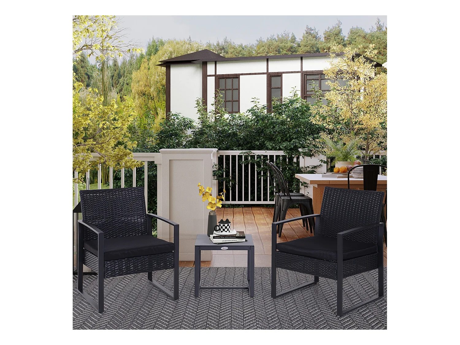 Salon de jardin 2 places 3 pièces 2 chaises avec coussins + table basse plateau verre trempé résine tressée 4 fils imitation rotin noir