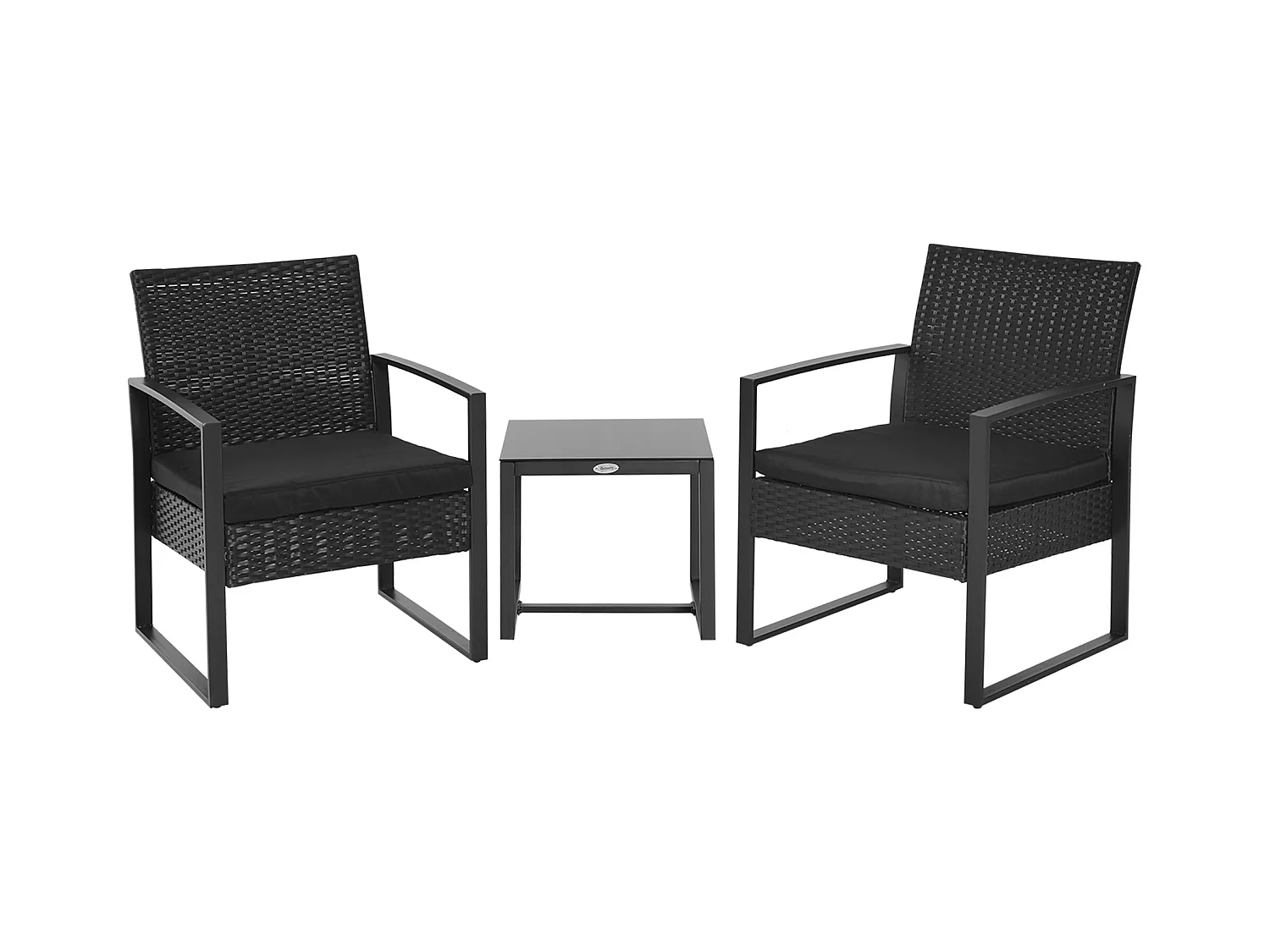 Salon de jardin 2 places 3 pièces 2 chaises avec coussins + table basse plateau verre trempé résine tressée 4 fils imitation rotin noir