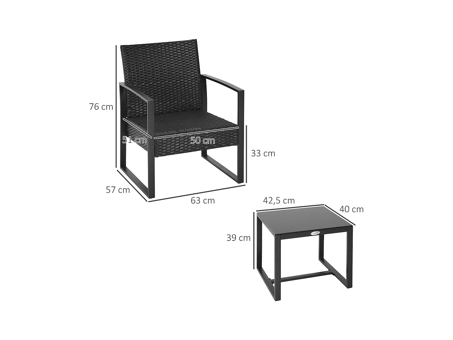 Salon de jardin 2 places 3 pièces 2 chaises avec coussins + table basse plateau verre trempé résine tressée 4 fils imitation rotin noir