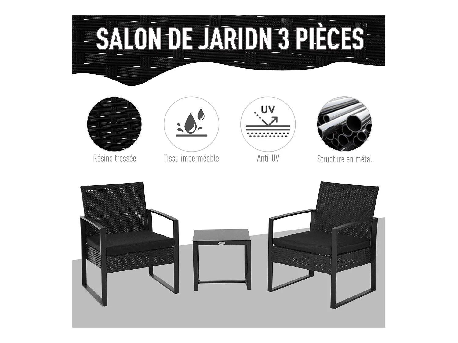 Salon de jardin 2 places 3 pièces 2 chaises avec coussins + table basse plateau verre trempé résine tressée 4 fils imitation rotin noir