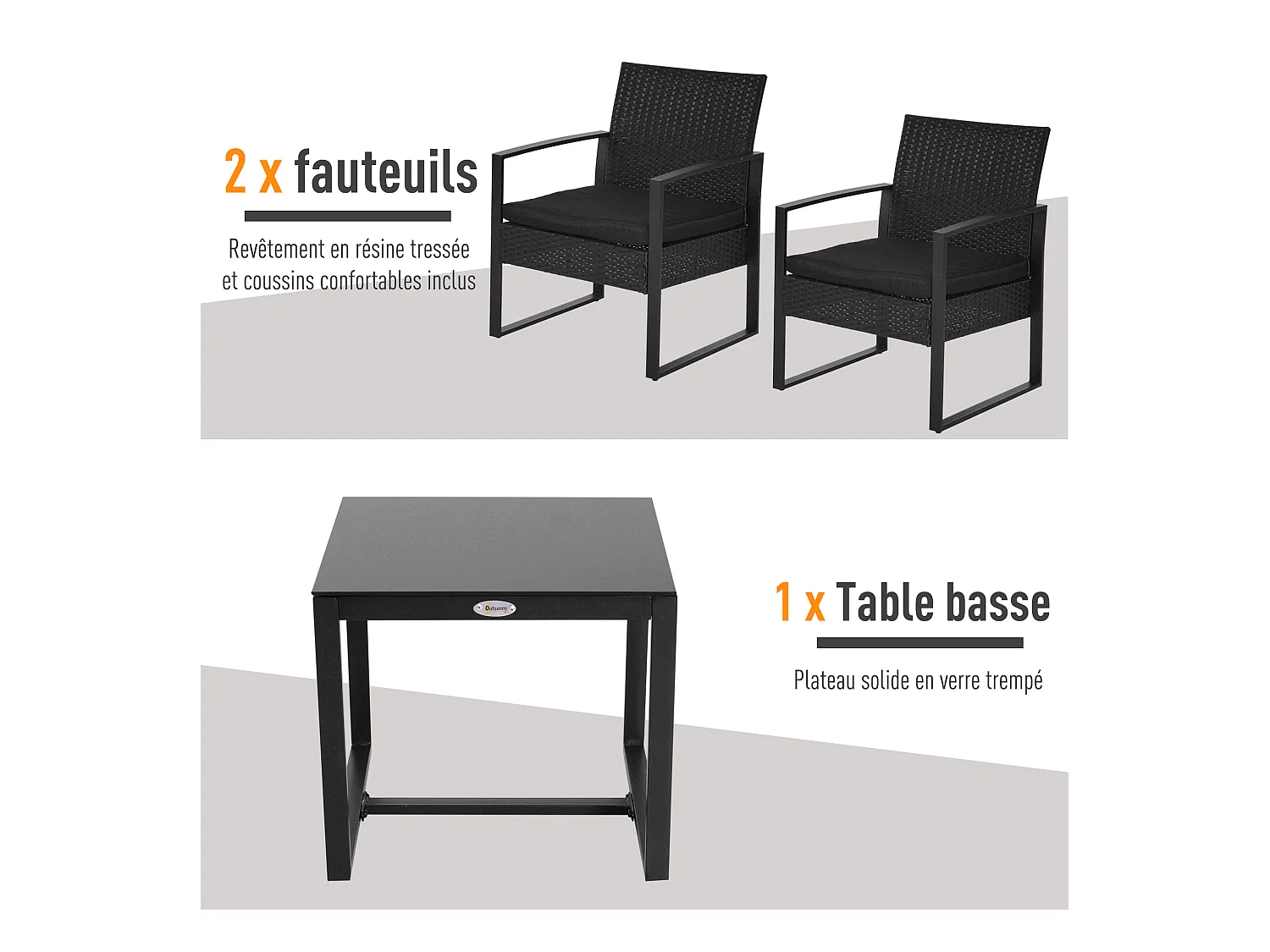 Salon de jardin 2 places 3 pièces 2 chaises avec coussins + table basse plateau verre trempé résine tressée 4 fils imitation rotin noir