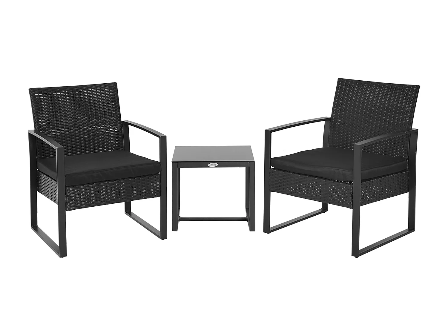 Salon de jardin 2 places 3 pièces 2 chaises avec coussins + table basse plateau verre trempé résine tressée 4 fils imitation rotin noir