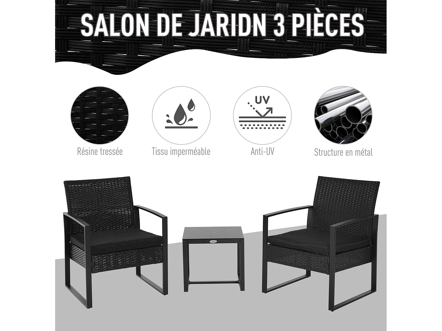 Salon de jardin 2 places 3 pièces 2 chaises avec coussins + table basse plateau verre trempé résine tressée 4 fils imitation rotin noir