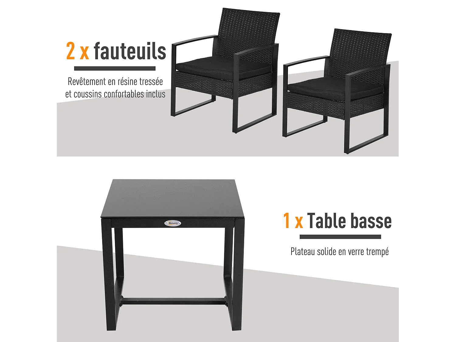 Salon de jardin 2 places 3 pièces 2 chaises avec coussins + table basse plateau verre trempé résine tressée 4 fils imitation rotin noir