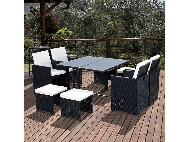 Ensemble salon de jardin encastrable 8 personnes 9 pièces résine tressée 4 fils imitation rotin noir coussins déhoussables crème