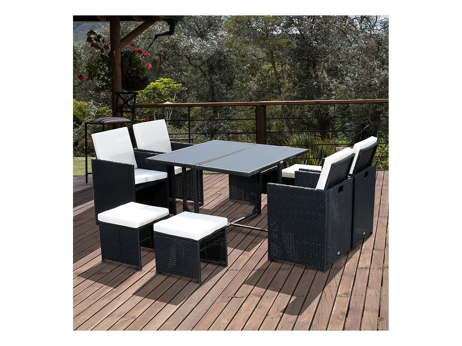 Ensemble salon de jardin encastrable 8 personnes 9 pièces résine tressée 4 fils imitation rotin noir coussins déhoussables crème