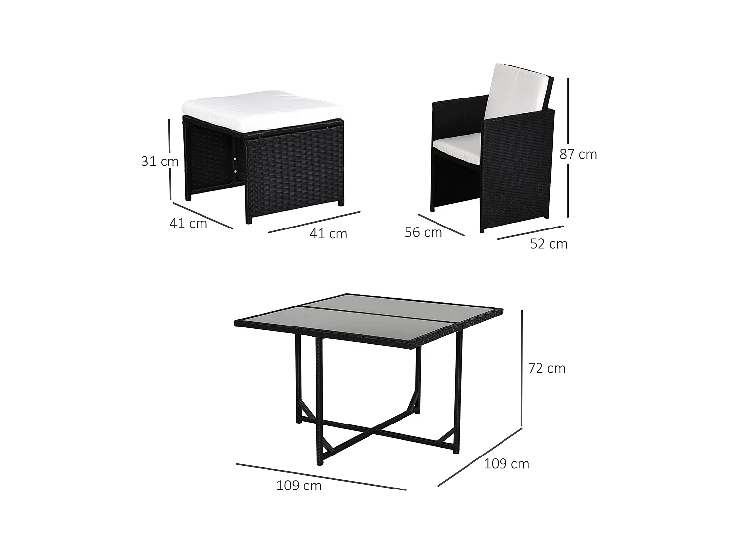 Ensemble salon de jardin encastrable 8 personnes 9 pièces résine tressée 4 fils imitation rotin noir coussins déhoussables crème