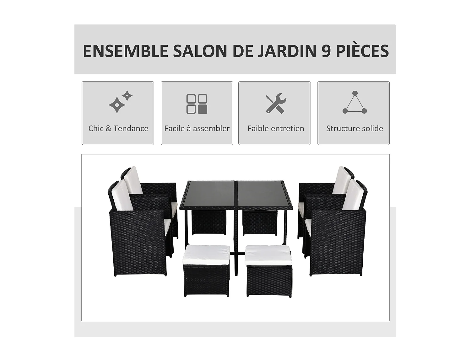 Ensemble salon de jardin encastrable 8 personnes 9 pièces résine tressée 4 fils imitation rotin noir coussins déhoussables crème