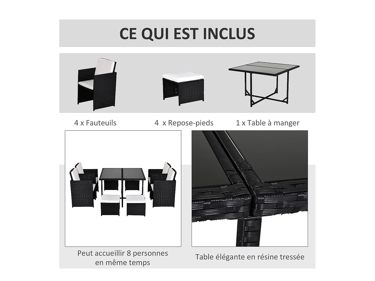 Ensemble salon de jardin encastrable 8 personnes 9 pièces résine tressée 4 fils imitation rotin noir coussins déhoussables crème