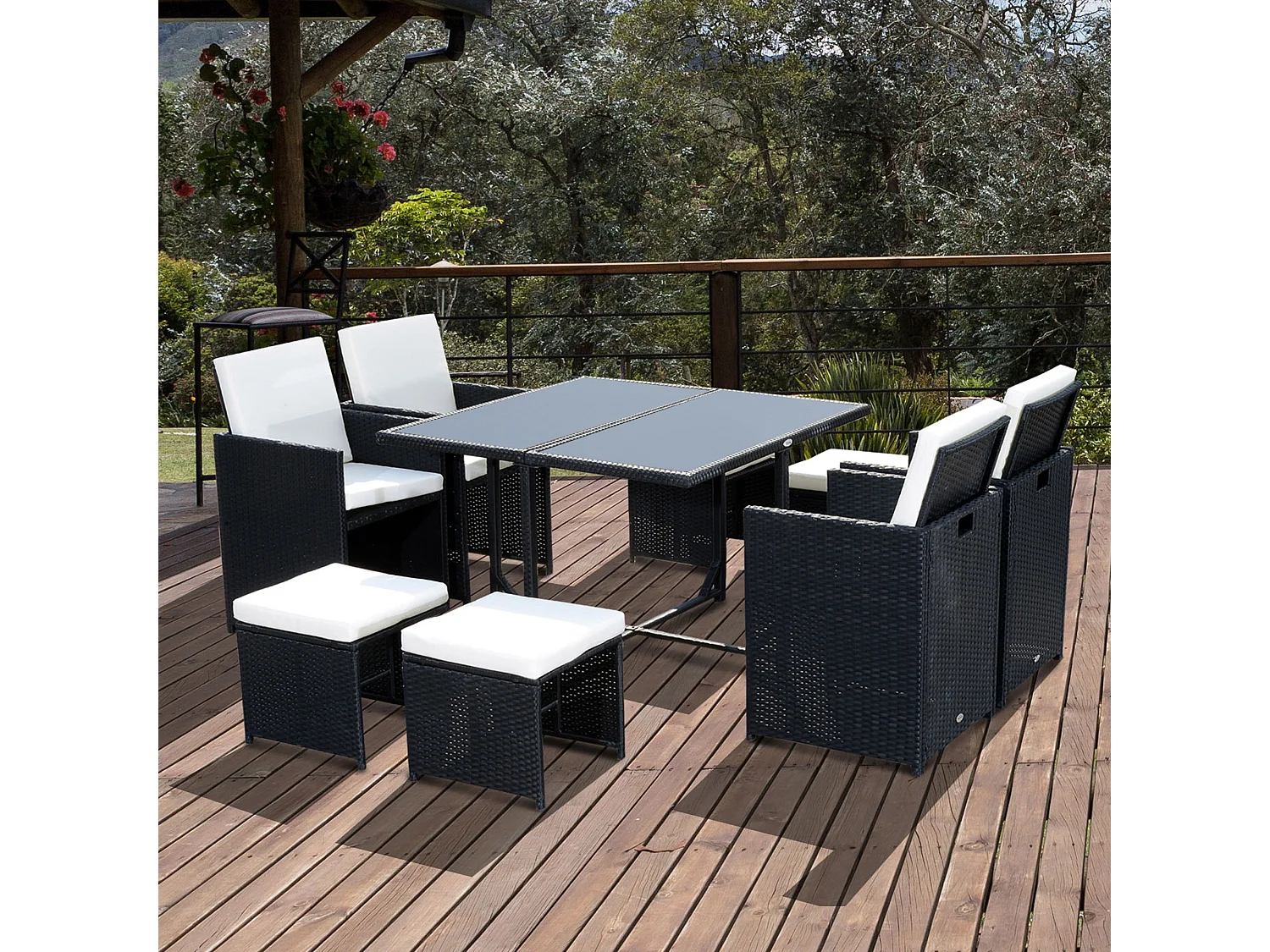 Ensemble salon de jardin encastrable 8 personnes 9 pièces résine tressée 4 fils imitation rotin noir coussins déhoussables crème