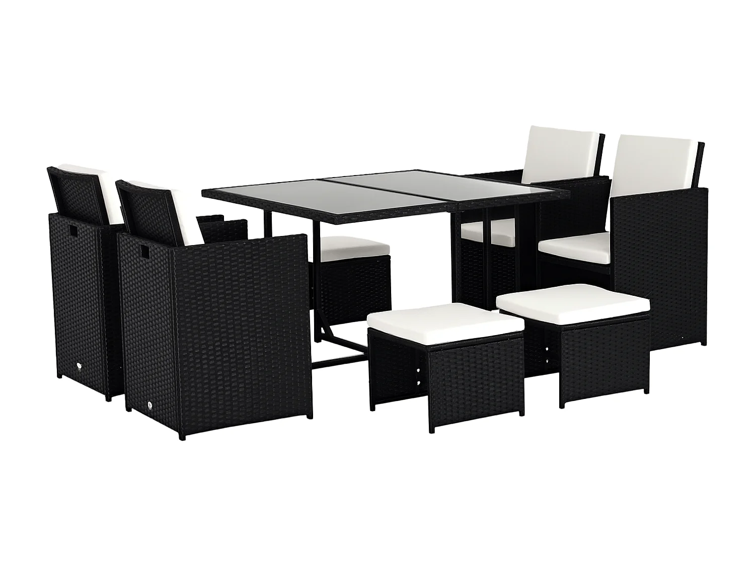 Ensemble salon de jardin encastrable 8 personnes 9 pièces résine tressée 4 fils imitation rotin noir coussins déhoussables crème