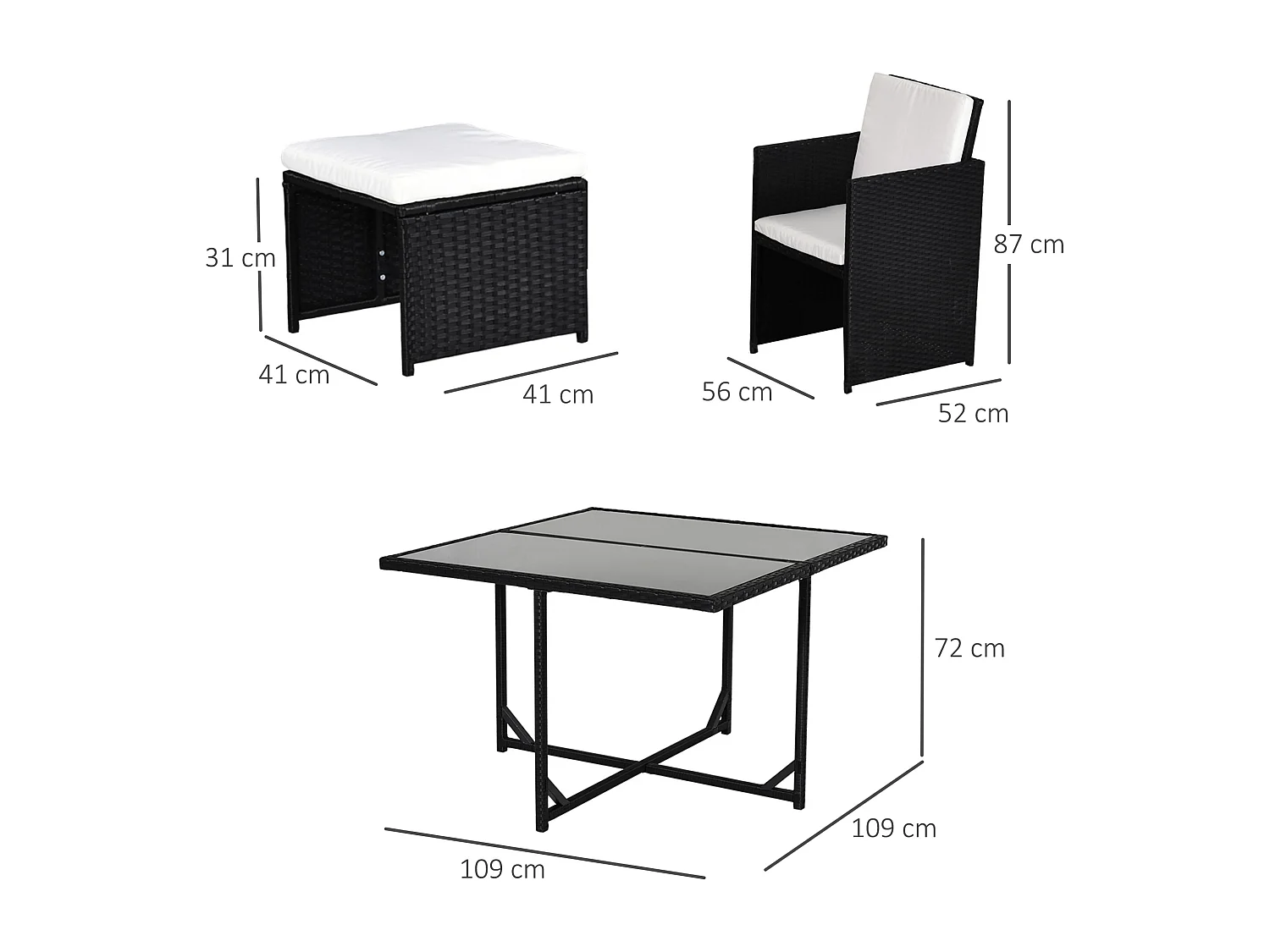 Ensemble salon de jardin encastrable 8 personnes 9 pièces résine tressée 4 fils imitation rotin noir coussins déhoussables crème