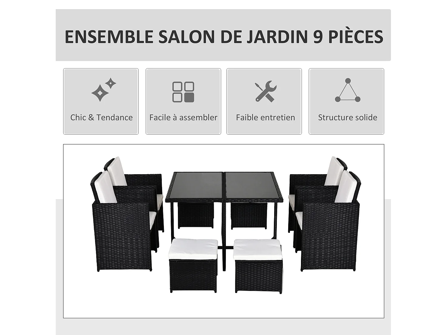 Ensemble salon de jardin encastrable 8 personnes 9 pièces résine tressée 4 fils imitation rotin noir coussins déhoussables crème