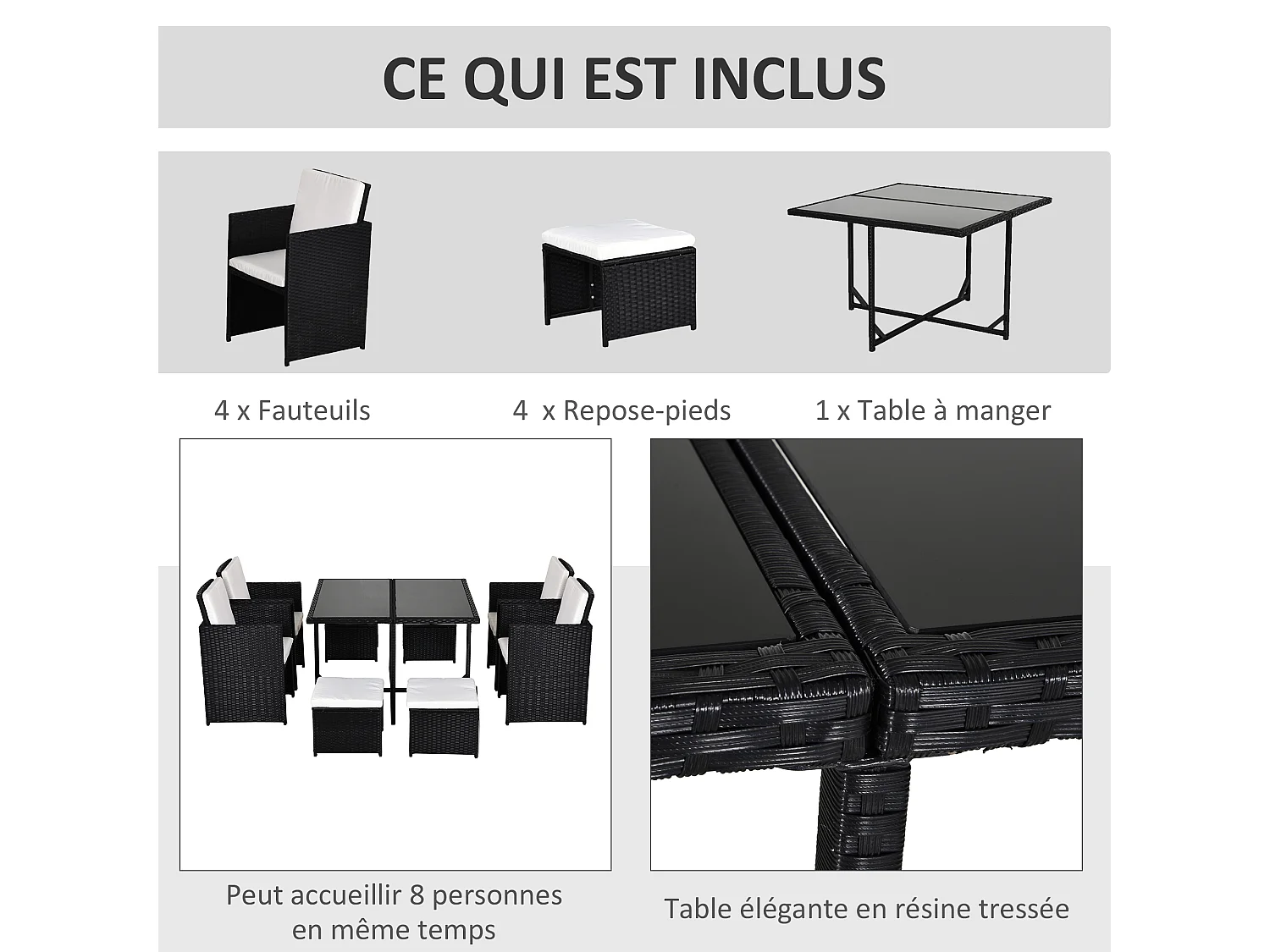 Ensemble salon de jardin encastrable 8 personnes 9 pièces résine tressée 4 fils imitation rotin noir coussins déhoussables crème