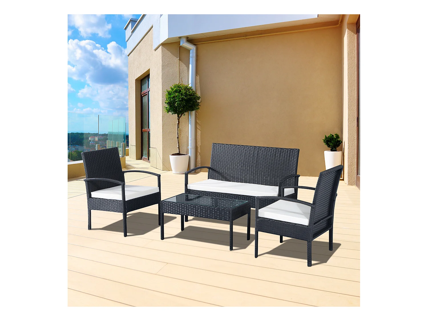 Outsunny Ensemble salon de jardin 4 places : canapé, 2 fauteuils et table basse plateau verre trempé résine tressée 4 fils  imitation rotin noir coussins blanc