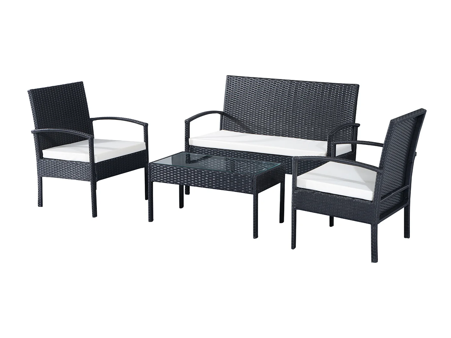 Outsunny Ensemble salon de jardin 4 places : canapé, 2 fauteuils et table basse plateau verre trempé résine tressée 4 fils  imitation rotin noir coussins blanc