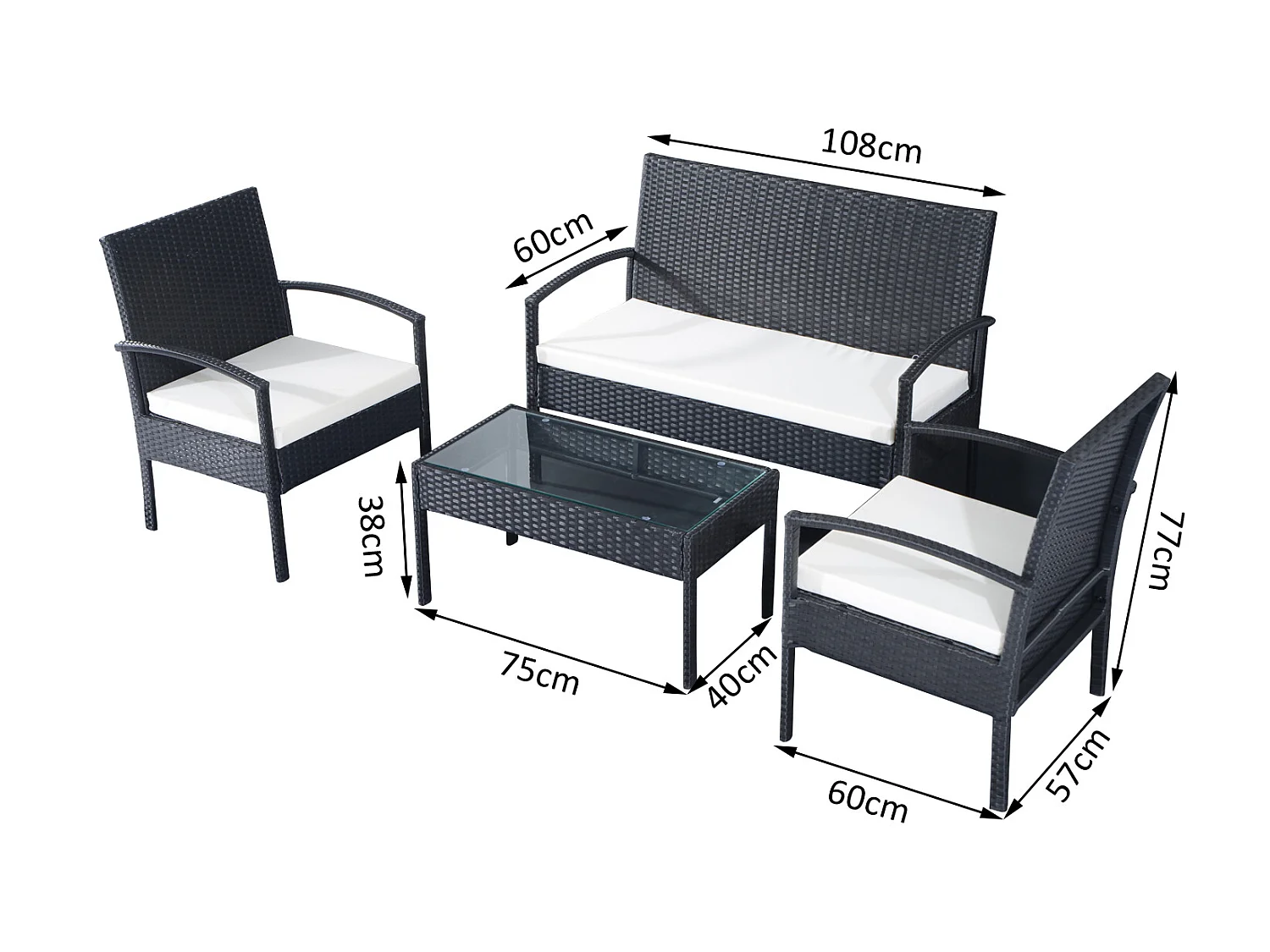 Outsunny Ensemble salon de jardin 4 places : canapé, 2 fauteuils et table basse plateau verre trempé résine tressée 4 fils  imitation rotin noir coussins blanc