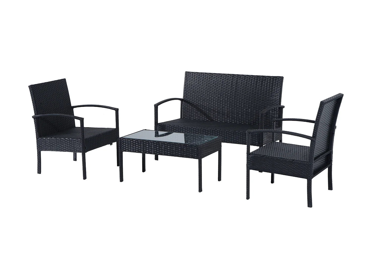 Outsunny Ensemble salon de jardin 4 places : canapé, 2 fauteuils et table basse plateau verre trempé résine tressée 4 fils  imitation rotin noir coussins blanc