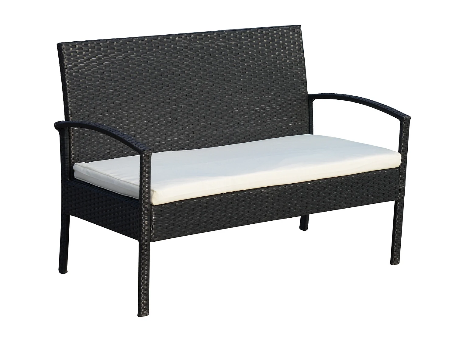 Outsunny Ensemble salon de jardin 4 places : canapé, 2 fauteuils et table basse plateau verre trempé résine tressée 4 fils  imitation rotin noir coussins blanc