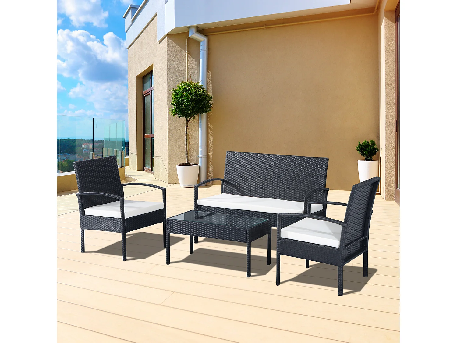 Outsunny Ensemble salon de jardin 4 places : canapé, 2 fauteuils et table basse plateau verre trempé résine tressée 4 fils  imitation rotin noir coussins blanc