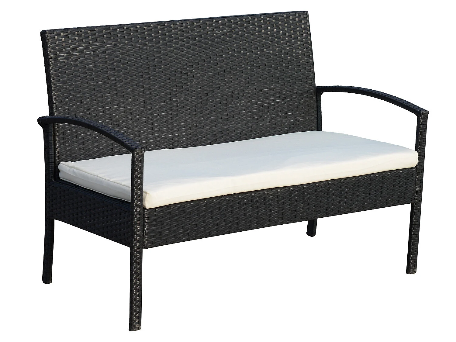 Outsunny Ensemble salon de jardin 4 places : canapé, 2 fauteuils et table basse plateau verre trempé résine tressée 4 fils  imitation rotin noir coussins blanc