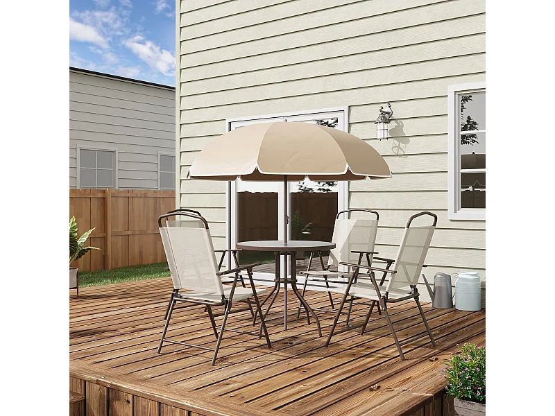 Ensemble salon de jardin 6 pcs - table ronde + 4 chaises pliables + parasol - acier époxy café textilène polyester beige
