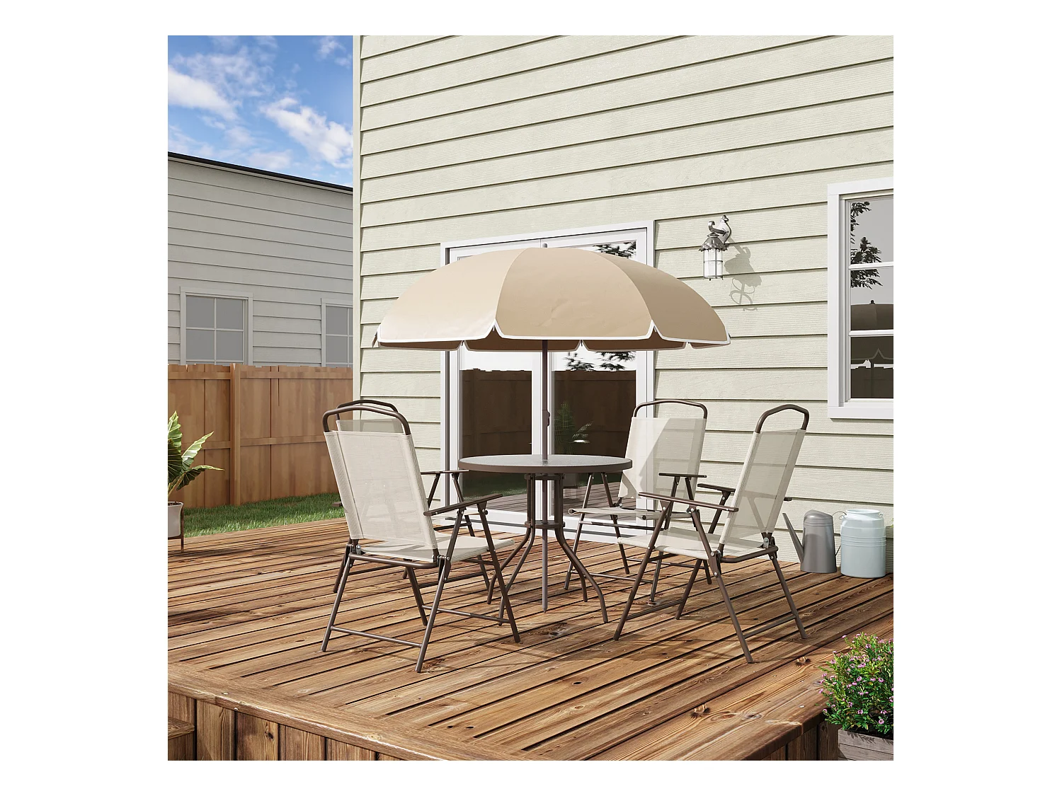 Ensemble salon de jardin 6 pcs - table ronde + 4 chaises pliables + parasol - acier époxy café textilène polyester beige