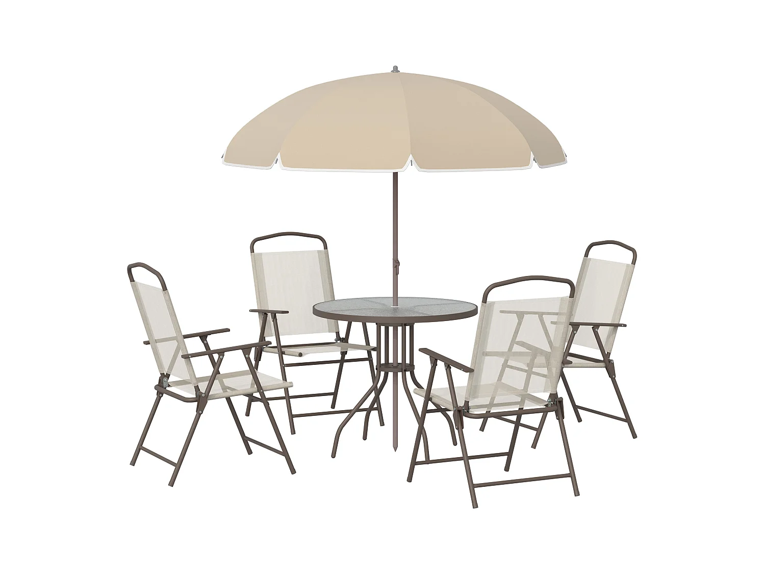 Ensemble salon de jardin 6 pcs - table ronde + 4 chaises pliables + parasol - acier époxy café textilène polyester beige