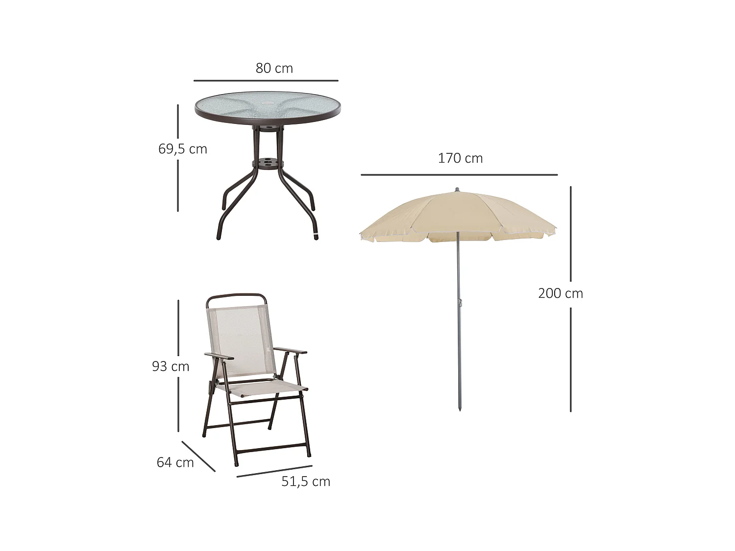 Ensemble salon de jardin 6 pcs - table ronde + 4 chaises pliables + parasol - acier époxy café textilène polyester beige