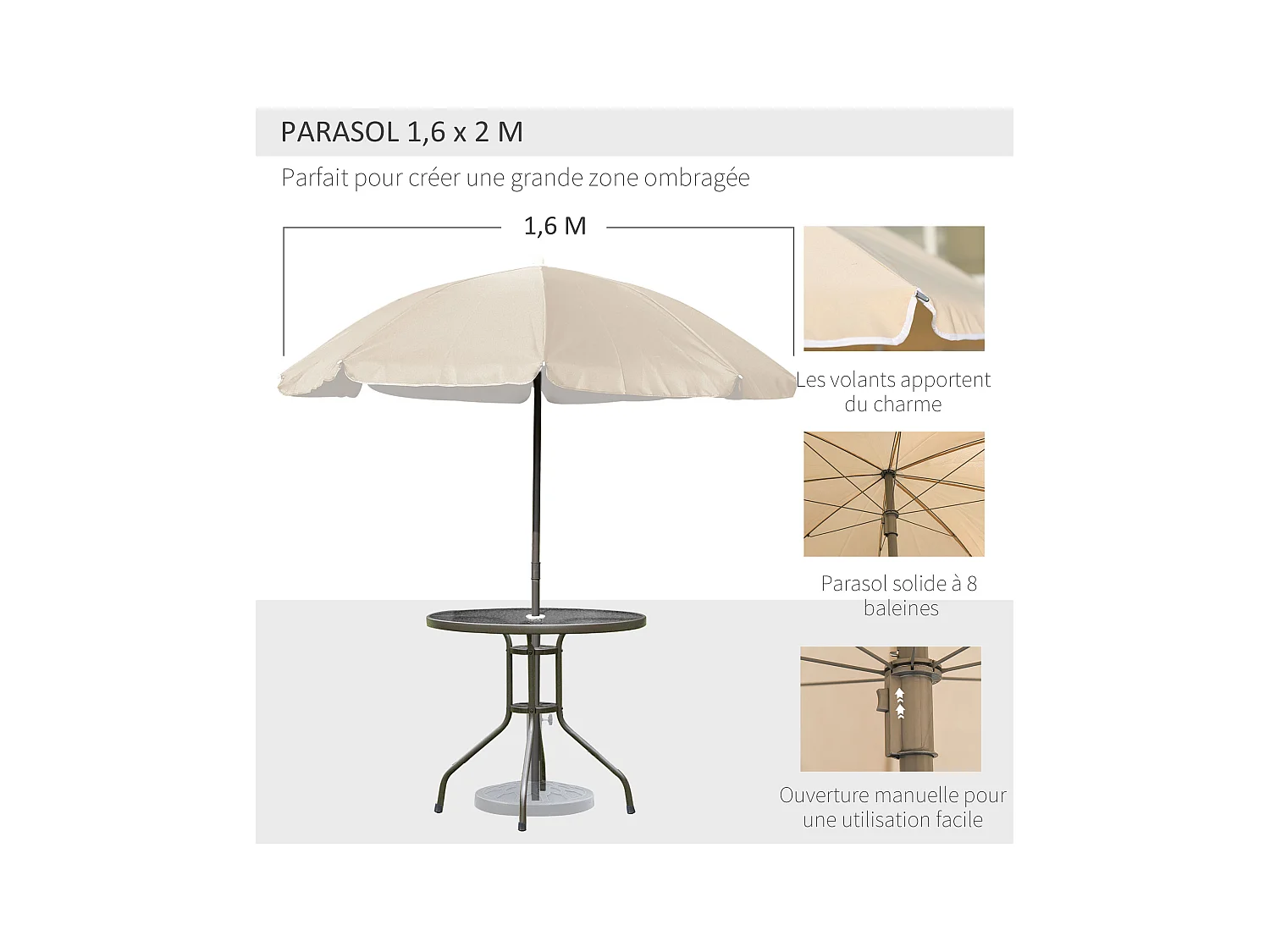 Ensemble salon de jardin 6 pcs - table ronde + 4 chaises pliables + parasol - acier époxy café textilène polyester beige