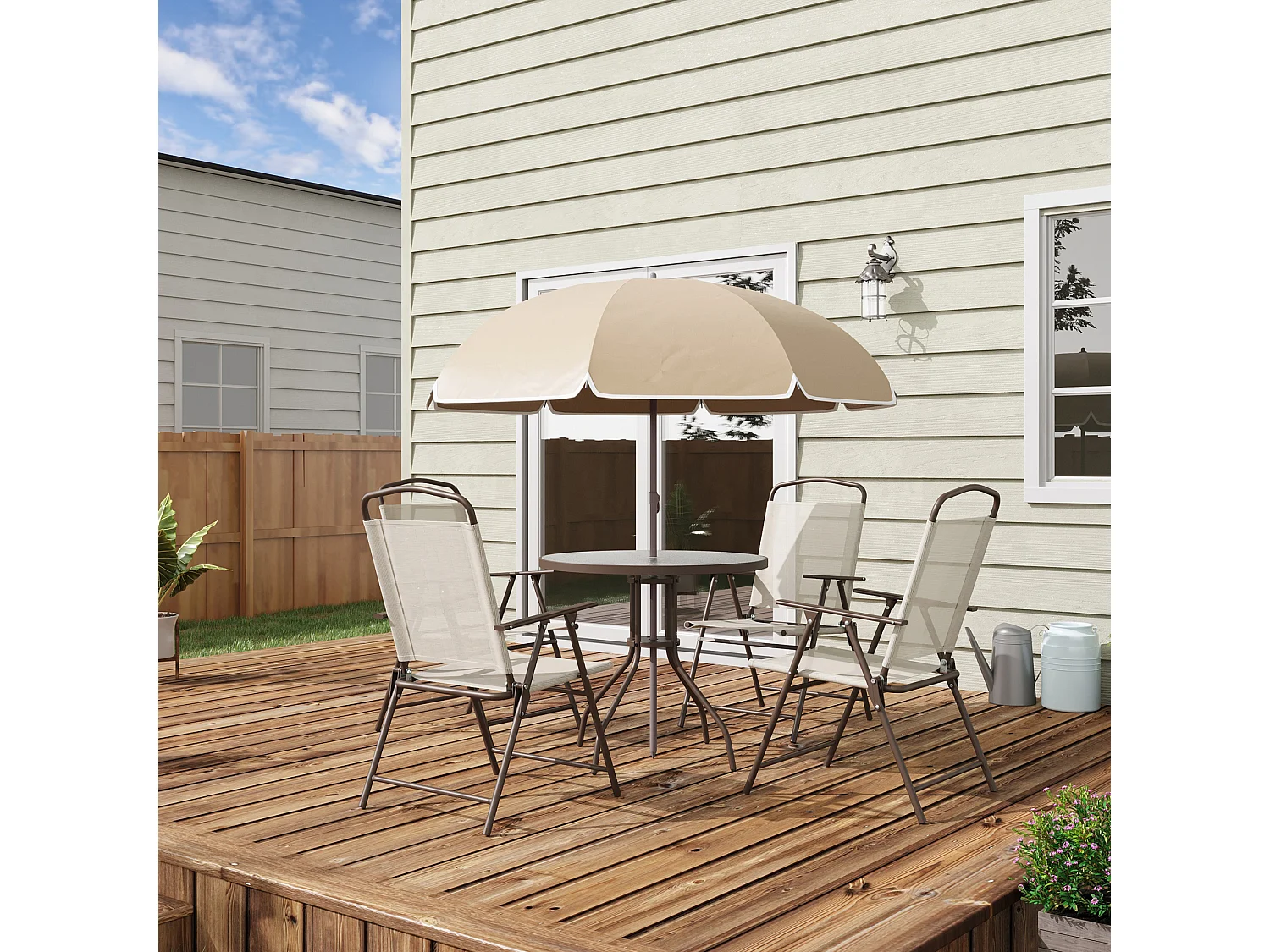 Ensemble salon de jardin 6 pcs - table ronde + 4 chaises pliables + parasol - acier époxy café textilène polyester beige
