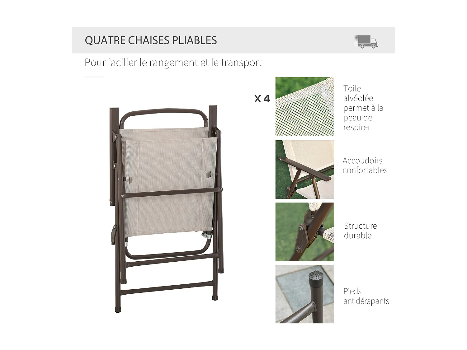 Ensemble salon de jardin 6 pcs - table ronde + 4 chaises pliables + parasol - acier époxy café textilène polyester beige